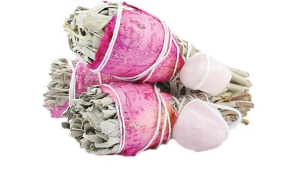 Rose Petal Sage wrapped with Rose Quartz crystal